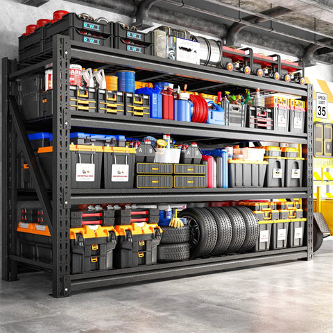 Heavy Duty 68.3 Inch Wide Garage Shelving Rack For Shop Storage, 72 Inch High, 23.4 Inch Deep Shelves To Fit Large Totes And Pallets, Space Saving Industrial Steel Shelves For Tools, Boxes, And Bins, loaded with tires and totes