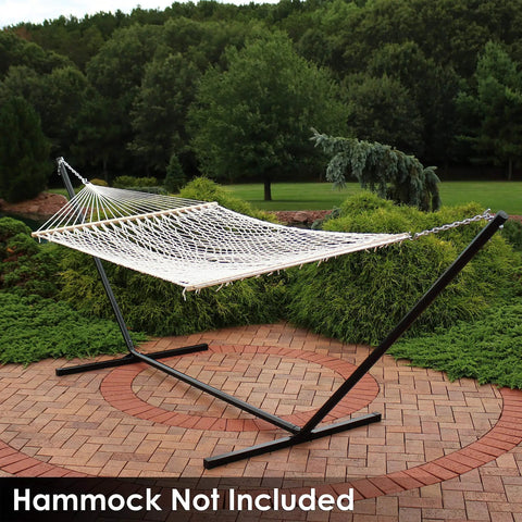 Front view of Go To Double Hammock Stand For Outdoor And Indoor Use 400 Pound Capacity 15 Foot Frame With Black Powder Coated Finish