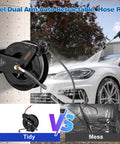 Pressure Washer Hose Reel With 50 Ft Three Eighths Inch Wire Braided Hose For Hot And Cold Water Auto Retractable Heavy Duty Reel 4000 PSI Black Ideal For Home DIY Garage Or Shop Use mounted on wall with car washing scene