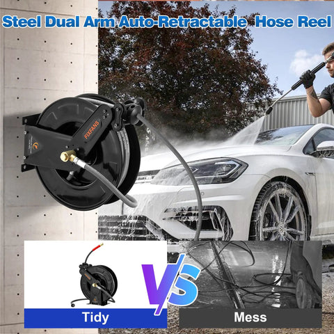 Pressure Washer Hose Reel With 50 Ft Three Eighths Inch Wire Braided Hose For Hot And Cold Water Auto Retractable Heavy Duty Reel 4000 PSI Black Ideal For Home DIY Garage Or Shop Use mounted on wall with car washing scene