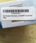 Box label showing 'New Floodstop Water Heater Valve' with barcode and FS3/4NPT v4 lead free, placed on light surface.