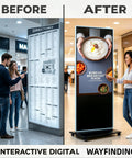 Top Shelf 65 Inch 4K UHD IPS Digital Signage Kiosk With Super Smooth Touchscreen displaying food menu in a busy mall.