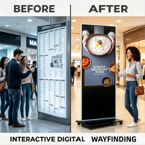 Top Shelf 65 Inch 4K UHD IPS Digital Signage Kiosk With Super Smooth Touchscreen displaying food menu in a busy mall.