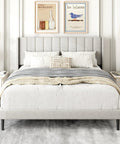 Built Heavy Duty Queen Bed Frame With Upholstered Wingback Linen Headboard Easy Assembly Platform Bed Wooden Slat Support No Box Spring Needed Rock Solid Bedroom Foundation Sand in a stylish bedroom setting.