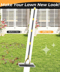 19-Tine Thatch Rake With Adjustable Head Angle And 55 Inch Steel Handle For Lawn Care in a garden next to improved grass.