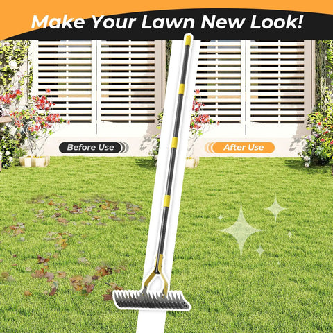 19-Tine Thatch Rake With Adjustable Head Angle And 55 Inch Steel Handle For Lawn Care in a garden next to improved grass.