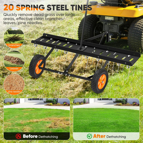 48 Inch Tow Behind Dethatcher With 20 Spring Steel Tines And Two Independent Rows Of Flexing Tines For Fast Yard Grooming attached to mower