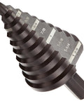 Step Drill Bit 1/4 To 1-3/8 Inch Dual Flute Black Oxide Coated 3/8 Inch Shank For Electric Drills Metal Plastic Wood Milwaukee 48-89-9205 Pro Grade Heavy Duty Bit close-up