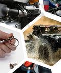 Collage of automotive scenes including a hand holding Beefy Heavy Duty Stainless Steel Hose Clamp Set Two Pack Adjustable