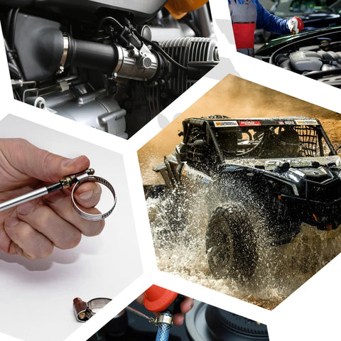 Collage of automotive scenes including a hand holding Beefy Heavy Duty Stainless Steel Hose Clamp Set Two Pack Adjustable