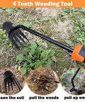 4 teeth weeding tool in use showing soil aeration and weed pulling, part of 3 Pack Hand Weeder Tool Set With Stainless Steel Weed Puller