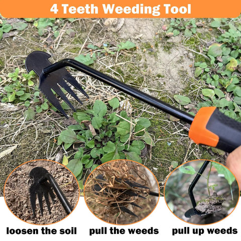 4 teeth weeding tool in use showing soil aeration and weed pulling, part of 3 Pack Hand Weeder Tool Set With Stainless Steel Weed Puller
