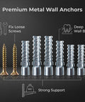 Heavy Duty Hollow Wall Anchors With Screws Bulk Pack 60 Count For Drywall Installations And Loose Hinge Hole Repairs, Includes 30 Steel Anchors And 30 Zinc Screws For Secure Mounts In Drywall. steel anchors and zinc screws displayed for fixing loose screws and strong drywall support