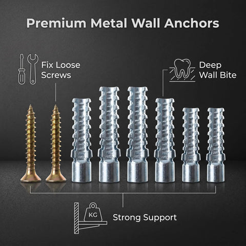 Heavy Duty Hollow Wall Anchors With Screws Bulk Pack 60 Count For Drywall Installations And Loose Hinge Hole Repairs, Includes 30 Steel Anchors And 30 Zinc Screws For Secure Mounts In Drywall. steel anchors and zinc screws displayed for fixing loose screws and strong drywall support