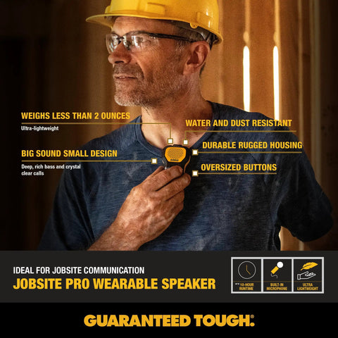 Man wearing wearable clip on Bluetooth speaker for job sites, water resistant portable speaker with built in mic and rugged yellow design.