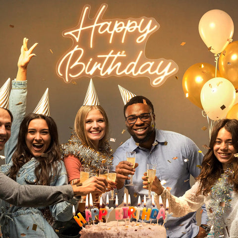 Group celebrating under Happy Birthday Neon Sign For Backdrop Small 16.5 X 12.2 Inches LED Light Up Birthday Sign With Dimmable Switch