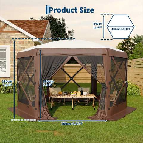 Hexagonal Pop Up Canopy Tent 13 By 13 Feet Six Sided Outdoor Shelter With One Push Setup Removable Canopy Top And Wind Cloths Ideal For Camping Backyard Parties And Events Beige And Khaki shown fully assembled in garden.