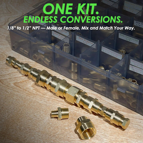 137 Piece Brass Pipe Fittings Assortment Kit For NPT Projects with extension adapters and organization tray on a wooden surface