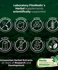 FitoMedic's herbal supplements features: no artificial flavors, gluten-free, 100% natural with Amazonian herb extracts background.