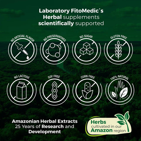 FitoMedic's herbal supplements features: no artificial flavors, gluten-free, 100% natural with Amazonian herb extracts background.