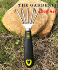 Five Claw Landscape Garden Rake Dethatcher Grab And Go All In One Tool with black handle on grass