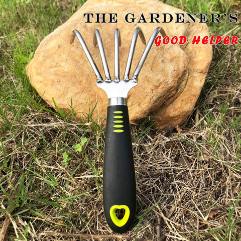 Five Claw Landscape Garden Rake Dethatcher Grab And Go All In One Tool with black handle on grass