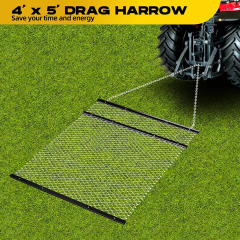 Beefy 4x5 Foot Drag Harrow For ATV And UTV With Rust Resistant Chain Field Leveler attached to tractor on grass