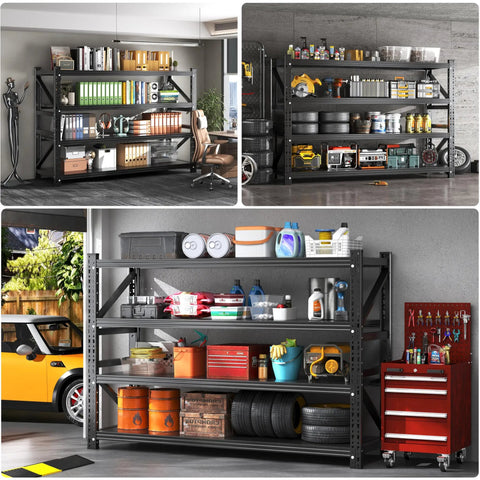 Extra Large Heavy Duty Metal Storage Shelves Built Like A Tank Adjustable Four Tier Garage Rack With Deep Shelves for various tools and equipment.