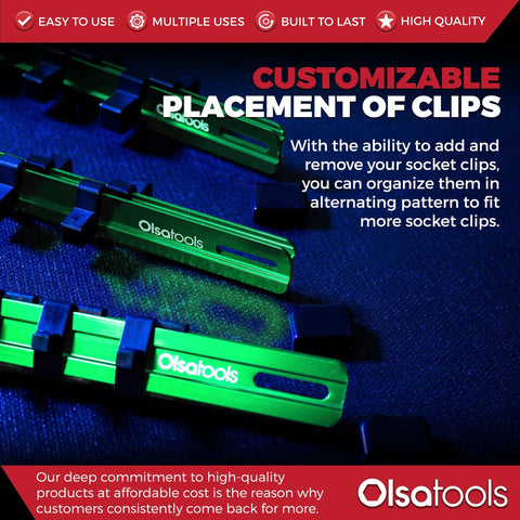 Image of the Aluminum Socket Organizer Rail Set For 1/2, 3/8, And 1/4 Drives - Green with customizable clips.