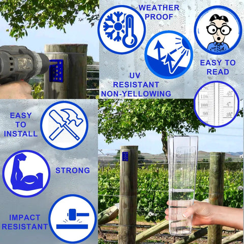 Rugged Outdoor Rain Gauge With 6 Inch Capacity For Yard Or Fence Post Mount Built Tough Weatherproof Construction Easy Install Dual Scale Inches And Millimeters For Quick Accurate Rain Readings mounted on fence post