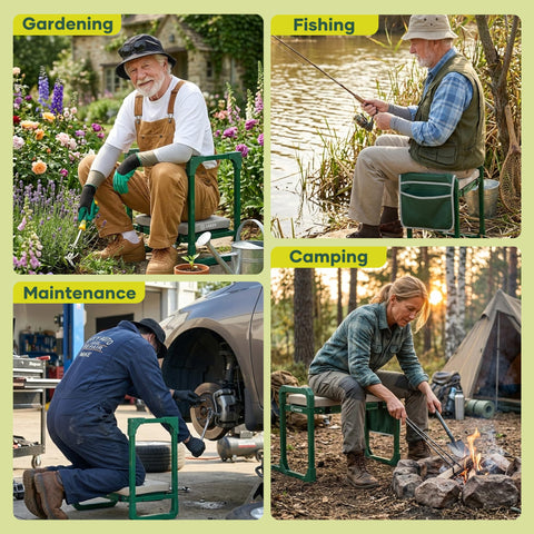 Garden Kneeler And Seat Foldable Gardening Stool With Extendable Legs used for gardening, fishing, maintenance, and camping projects