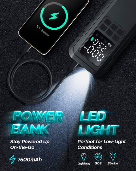 Portable Tire Inflator Air Compressor With 7500mAh Battery, 150 PSI Cordless Pump, LED light in dark setting