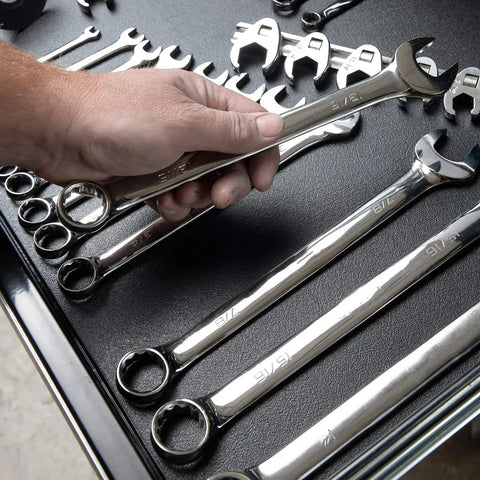 Heavy Duty No Slip Tool Box Liner And Garage Drawer Liner Black 24 Inch By 20 Foot Anti Slip Mat Keeps Tools In Place Anti Crinkle Puncture And Tear Resistant Textured Surface For Secure Tool Storage, shown with wrenches.