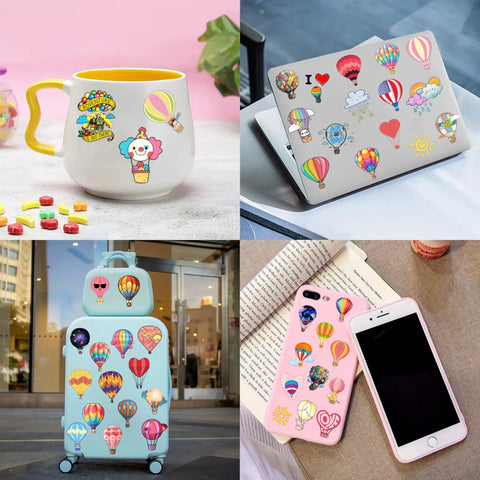 Hot Air Balloon Themed Temporary Tattoos Set For Kids 96 Pcs Pre Cut Stickers on mug, laptop, suitcase, and phone case