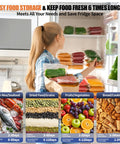 Woman using Vacuum Sealer For Food Storage With 85KPa Suction And Dry And Moist Modes, Auto Seal In 10 To 20 Seconds to organize fridge