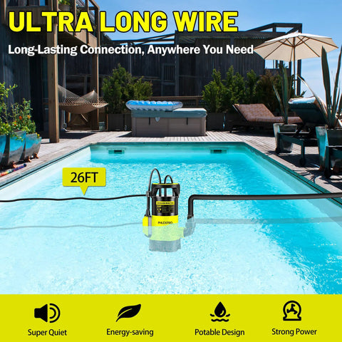 Beast Submersible Water Pump 1HP 5300GPH in pool with 26ft cord for clean and dirty water transfer
