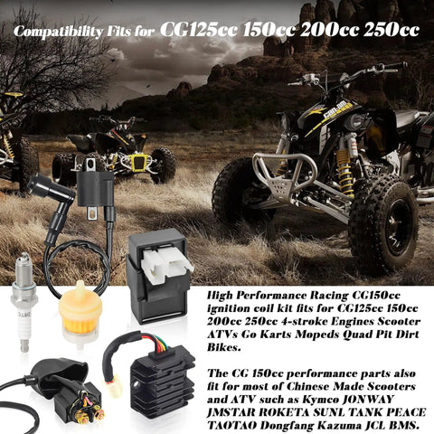 Beefed Up High Performance Ignition Coil Kit With 6 Pin AC CDI Box Regulator Rectifier Solenoid Relay D8TC Spark Plug And Fuel Filter For CG150cc 200cc 250cc Chinese ATVs Quad Go Karts displayed with an ATV in background