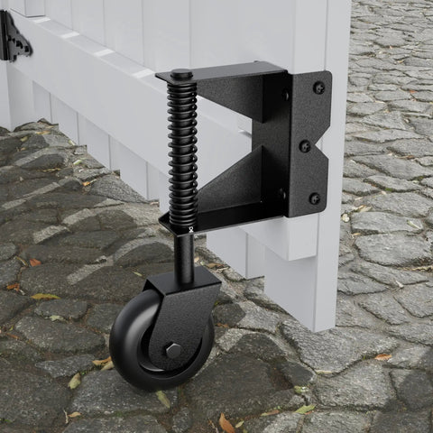 4 Inch Gate Wheels With Spring Loaded Caster And 360 Degree Universal Mount Plate installed on white wooden gate