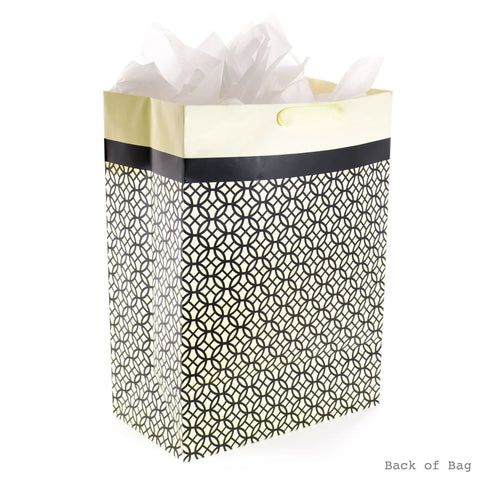 Back view of Mega Gift Bag With Tissue Paper In Black Ivory And Gold Endless Circles For Weddings And Showers, Large Size