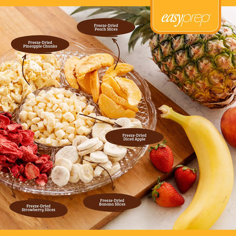 Fruit Fest Freeze Dried Fruit Variety Kit with bananas, apples, strawberries, peaches, pineapple on a plate for easy prep.