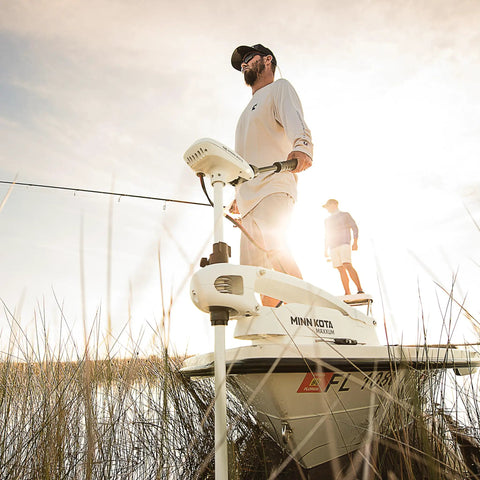Badass Saltwater Workhorse Rock Solid Bow Mount Electric Trolling Motor With Digital Maximizer on boat during fishing.
