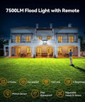 Three Head Outdoor Motion Sensor Flood Light With Remote, 7500 Lumens, illuminating a large mansion and lawn at night