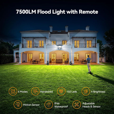 Three Head Outdoor Motion Sensor Flood Light With Remote, 7500 Lumens, illuminating a large mansion and lawn at night