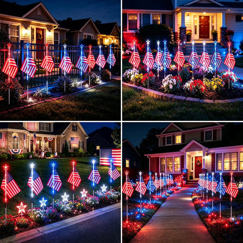 Outdoor Patriotic LED Flag Lights Kit in garden, 9-Pack Solar American Flag Lights for pathway, lit in red, white, blue for 4th of July