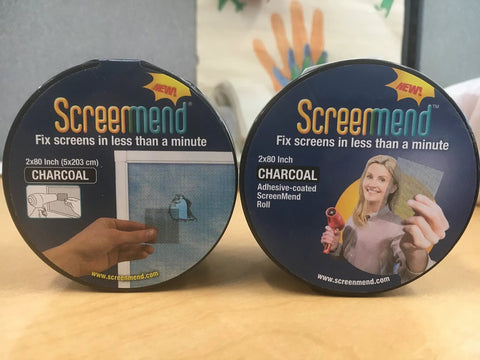 Window Screen Repair Kit 2 Inch By 80 Inch Roll Charcoal packaging showing use with hair dryer and damaged screen