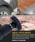 11 Piece 3 Inch Diameter Abrasive Stripping Brush Wheel Set With 10 Quick Change Discs Roll Lock Connection And 1/4 Inch Drill Backing Pad shown removing paint and rust from metal surfaces.
