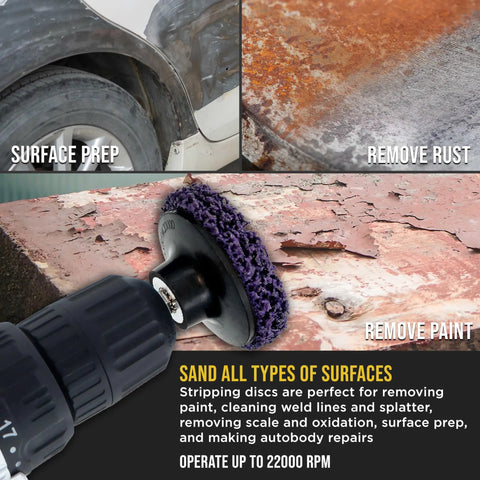 11 Piece 3 Inch Diameter Abrasive Stripping Brush Wheel Set With 10 Quick Change Discs Roll Lock Connection And 1/4 Inch Drill Backing Pad shown removing paint and rust from metal surfaces.