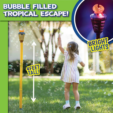Child playing with 4 Feet Tall Bubble Machine With Lights And Music For Outdoor Parties, surrounded by bubbles.