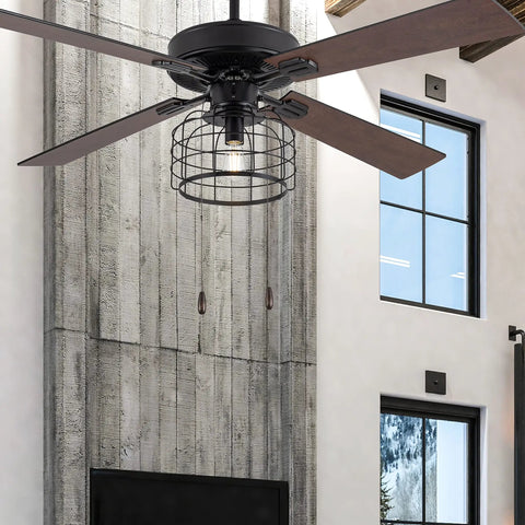 Boss Industrial LED Ceiling Fan With Cage Design and Lights, 52 Inch Black Housing with Rich Barnwood Blades in room