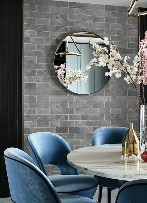 Dark Gray Peel And Stick Floor Tile Set With Faux Marble Look Subway Tiles for kitchen backsplash accent wall